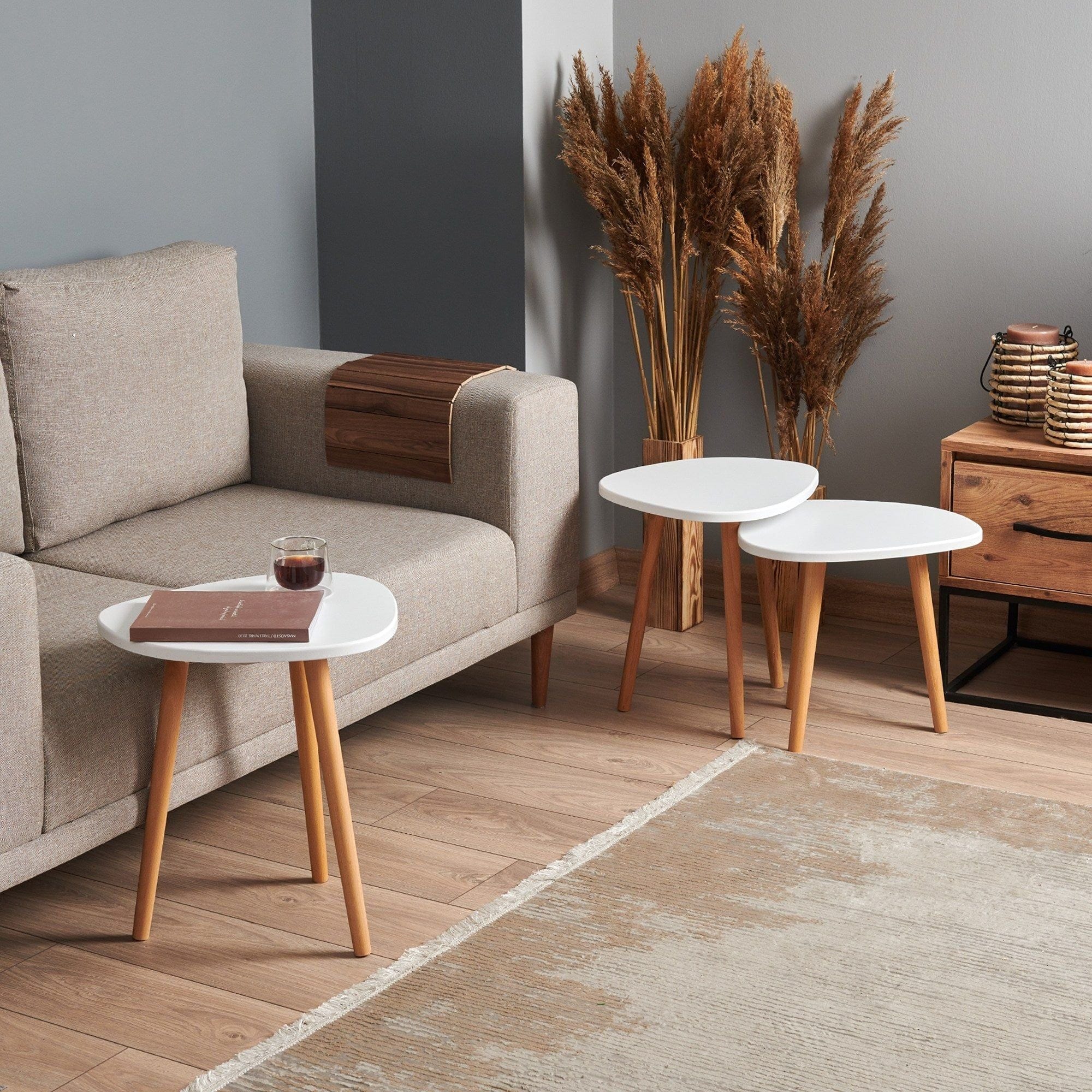 Set 3 masute cafea TUVALLE 051, alb/stejar