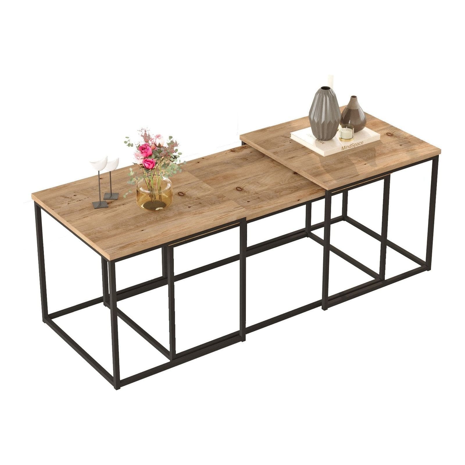 Set 3 masute cafea VG9-A, stejar/negru, PAL melaminat/metal