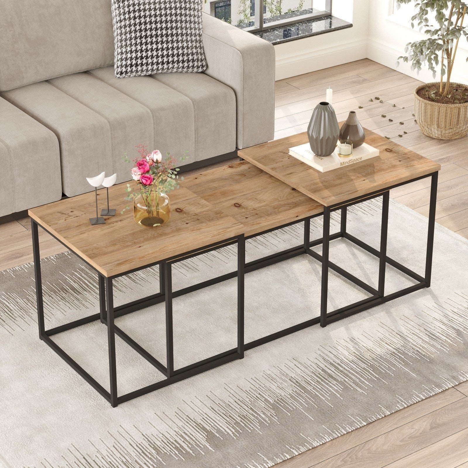 Set 3 masute cafea VG9-A, stejar/negru, PAL melaminat/metal