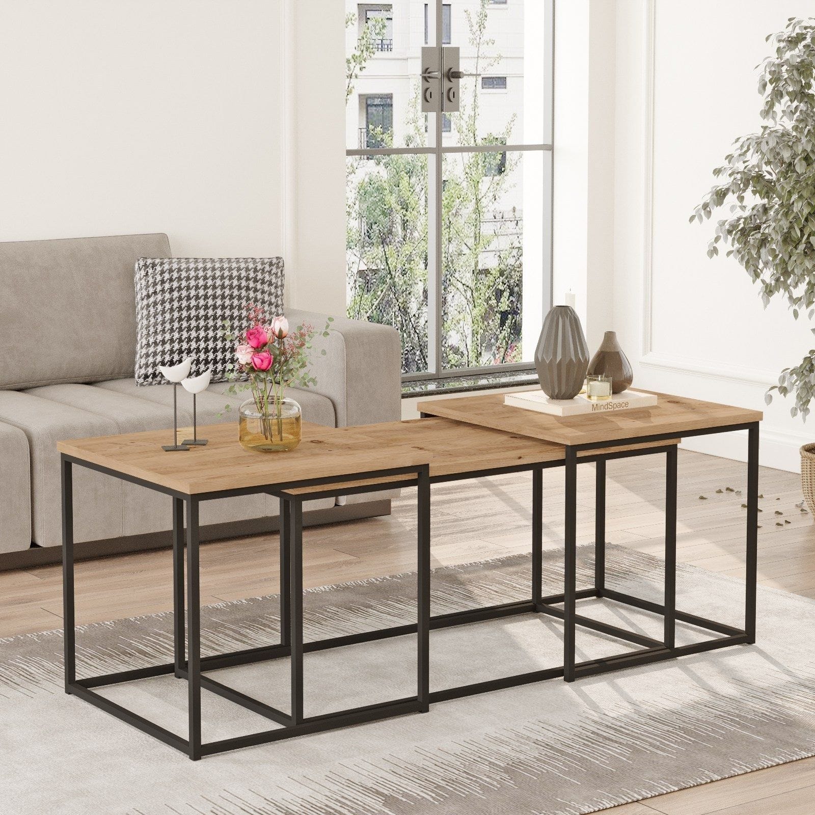 Set 3 masute cafea VG9-A, stejar/negru, PAL melaminat/metal