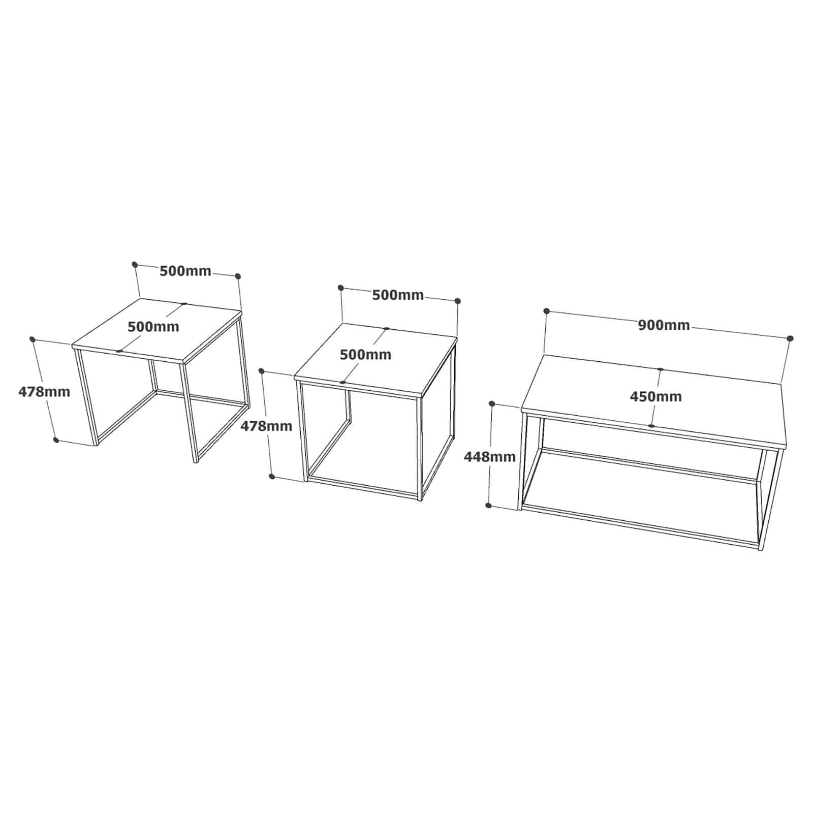 Set 3 masute cafea VG9-A, stejar/negru, PAL melaminat/metal