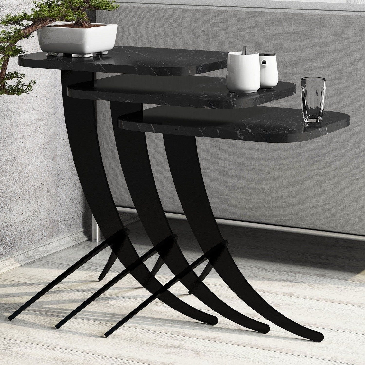 Set 3 masute PION, negru, PAL melaminat/metal