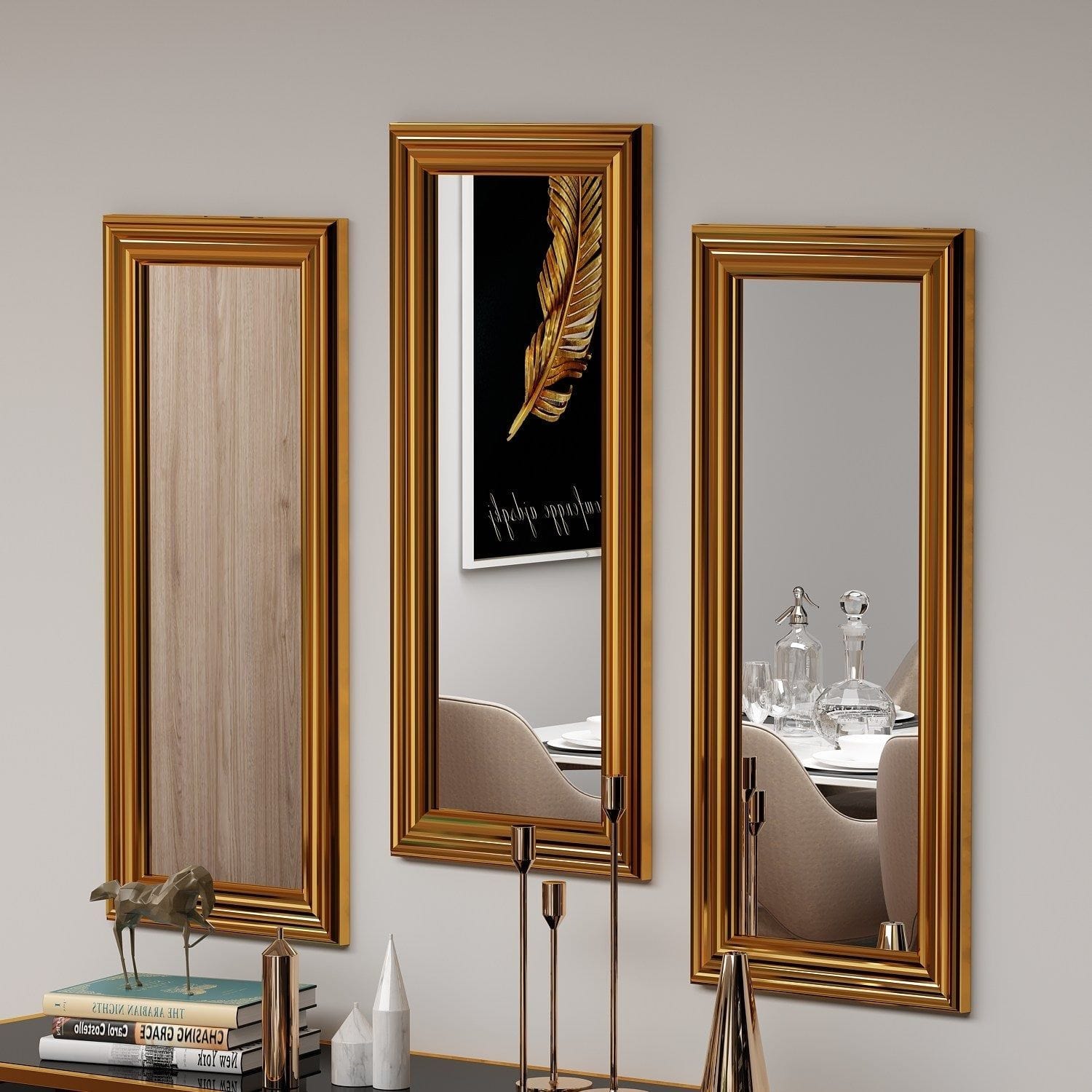 Set 3 oglinzi LAVIA, auriu, 30x3x70 cm
