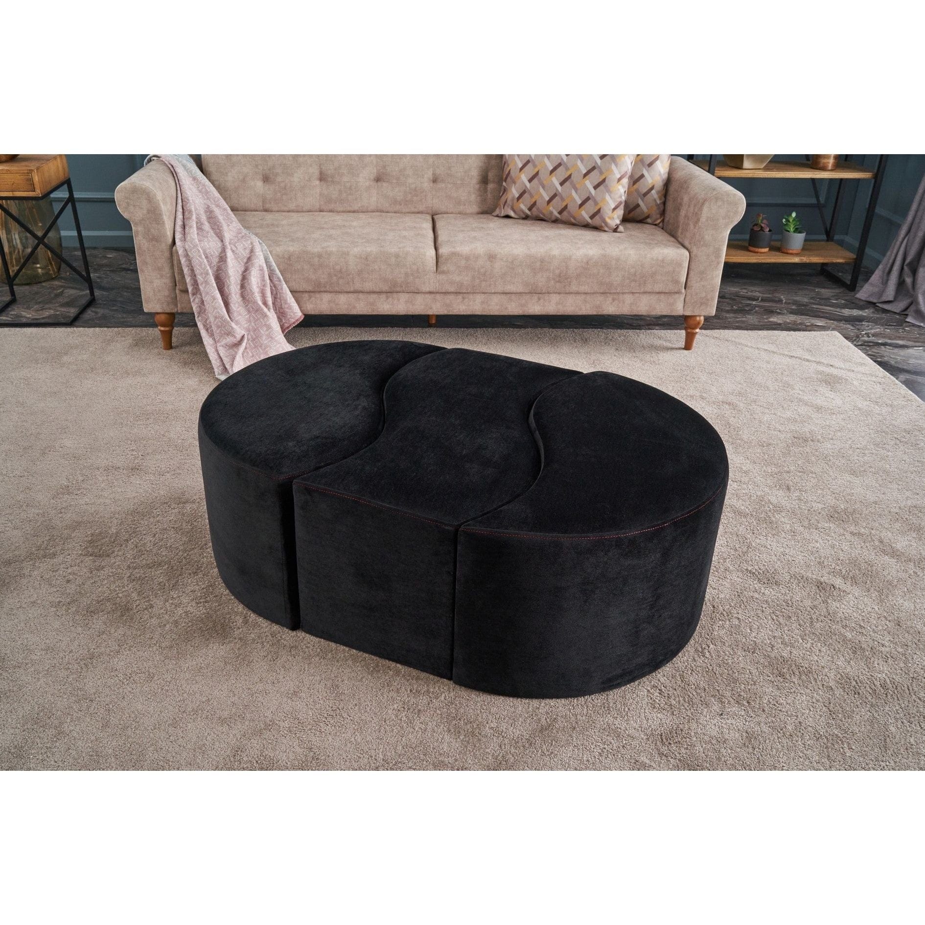 Set 3 taburete ALYA, stofa catifelata negru, 120x80x40 cm