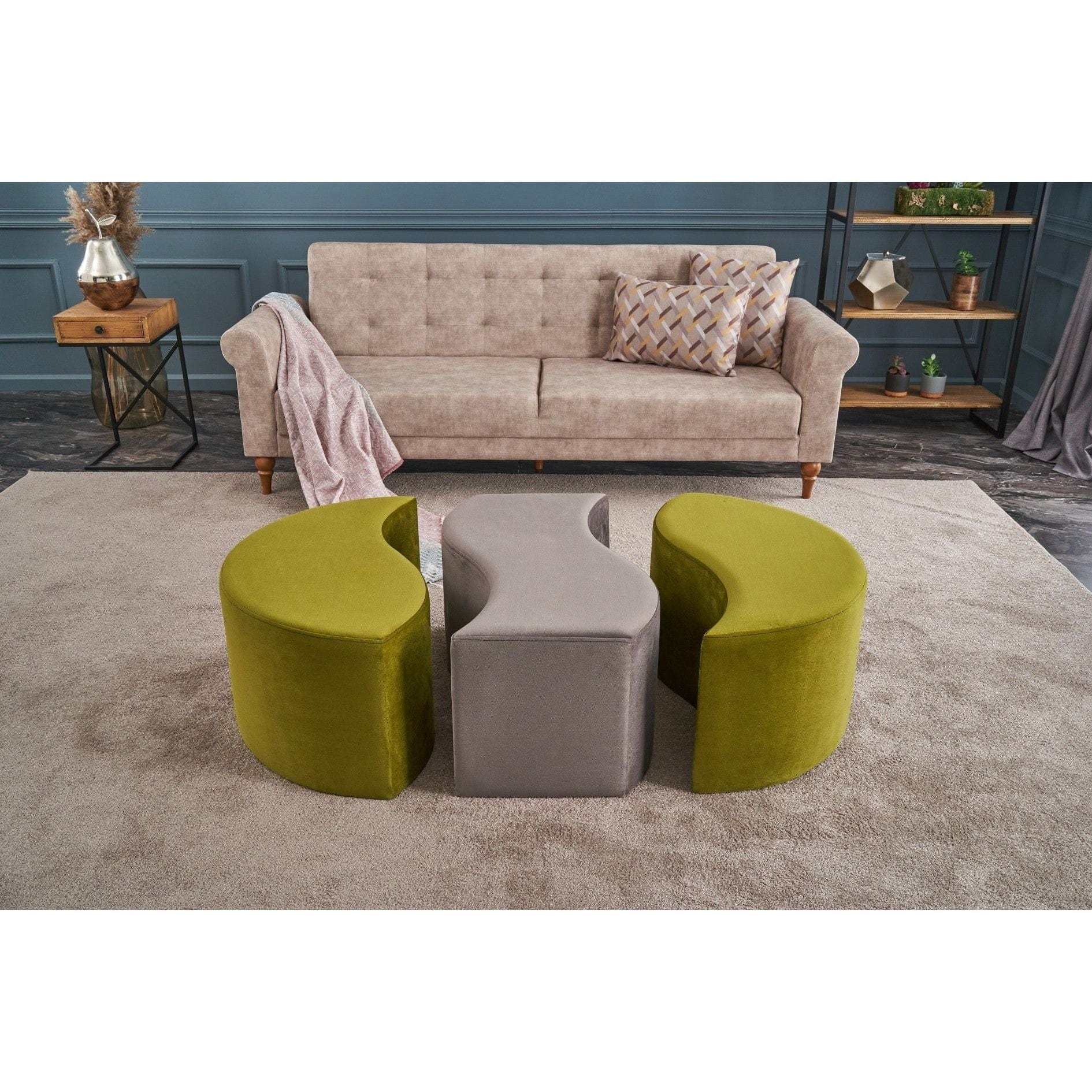 Set 3 taburete ALYA, stofa catifelata verde/gri, 120x80x40 cm