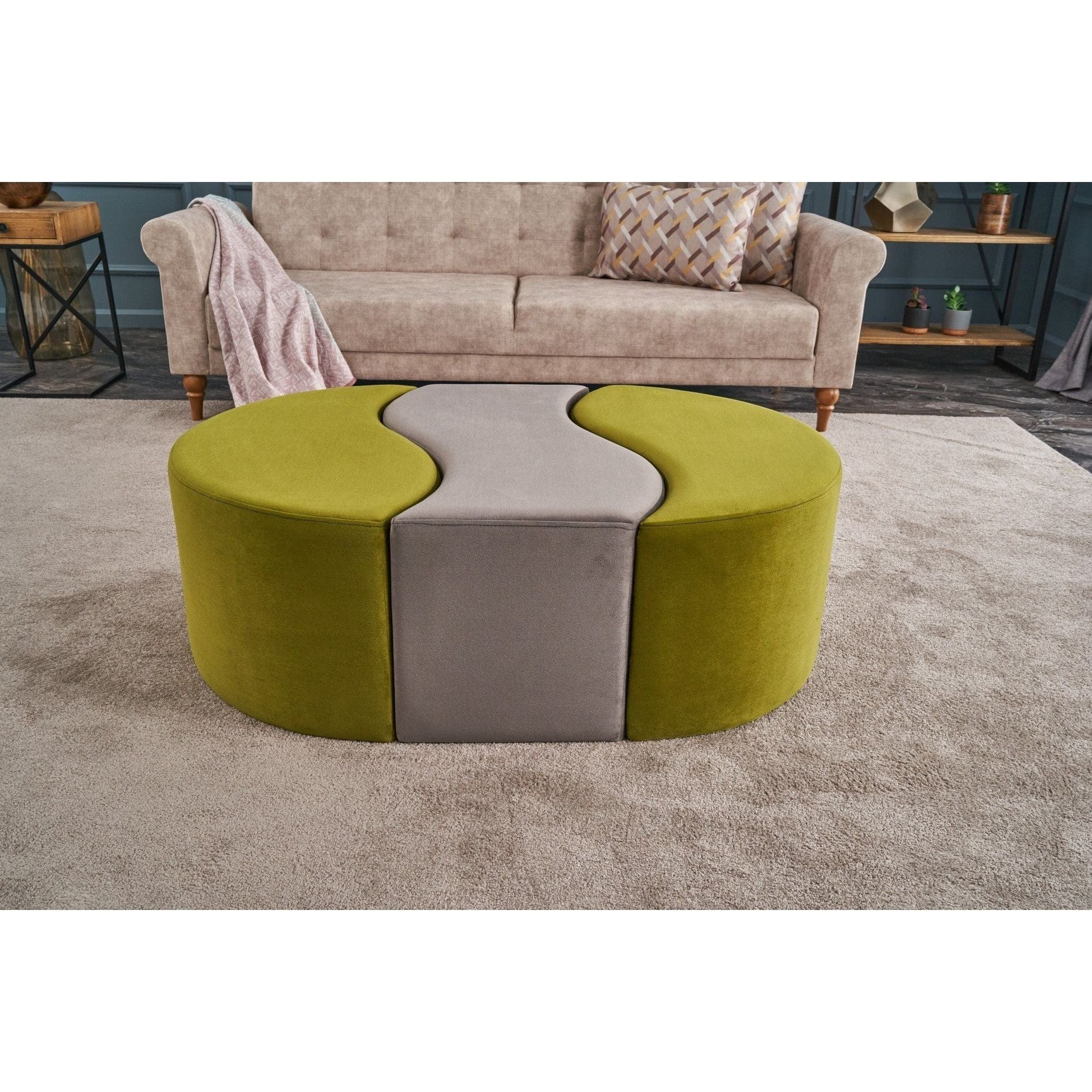 Set 3 taburete ALYA, stofa catifelata verde/gri, 120x80x40 cm