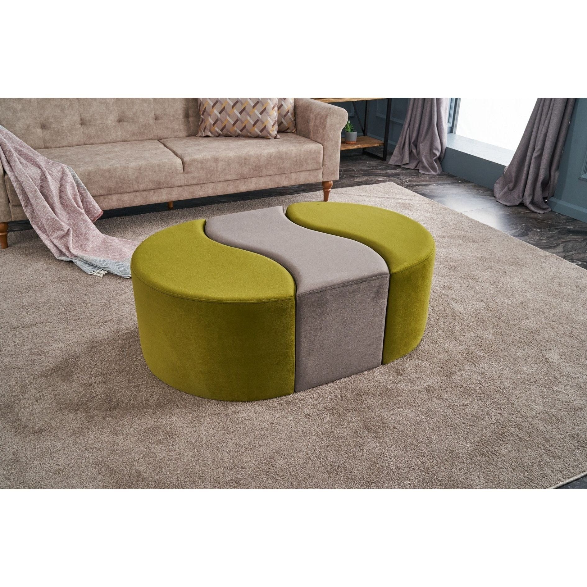 Set 3 taburete ALYA, stofa catifelata verde/gri, 120x80x40 cm