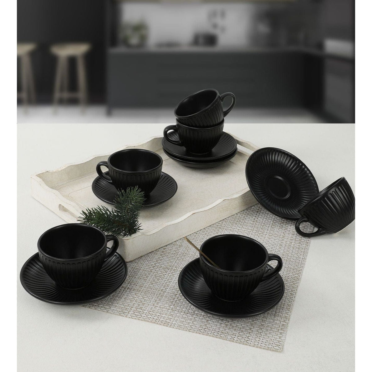 Set 6 cesti cu 6 farfurii 275KRM1526, negru, ceramica, 215 ml