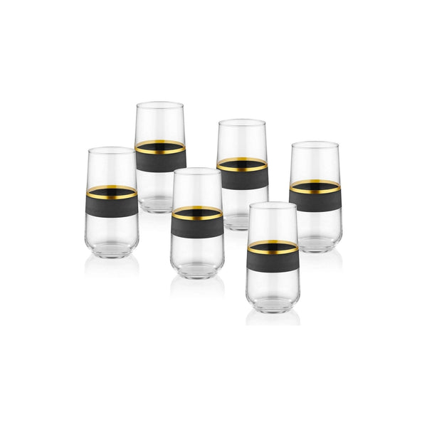 Set 6 pahare GLW0002, transparent/negru/auriu, sticla, 470 ml