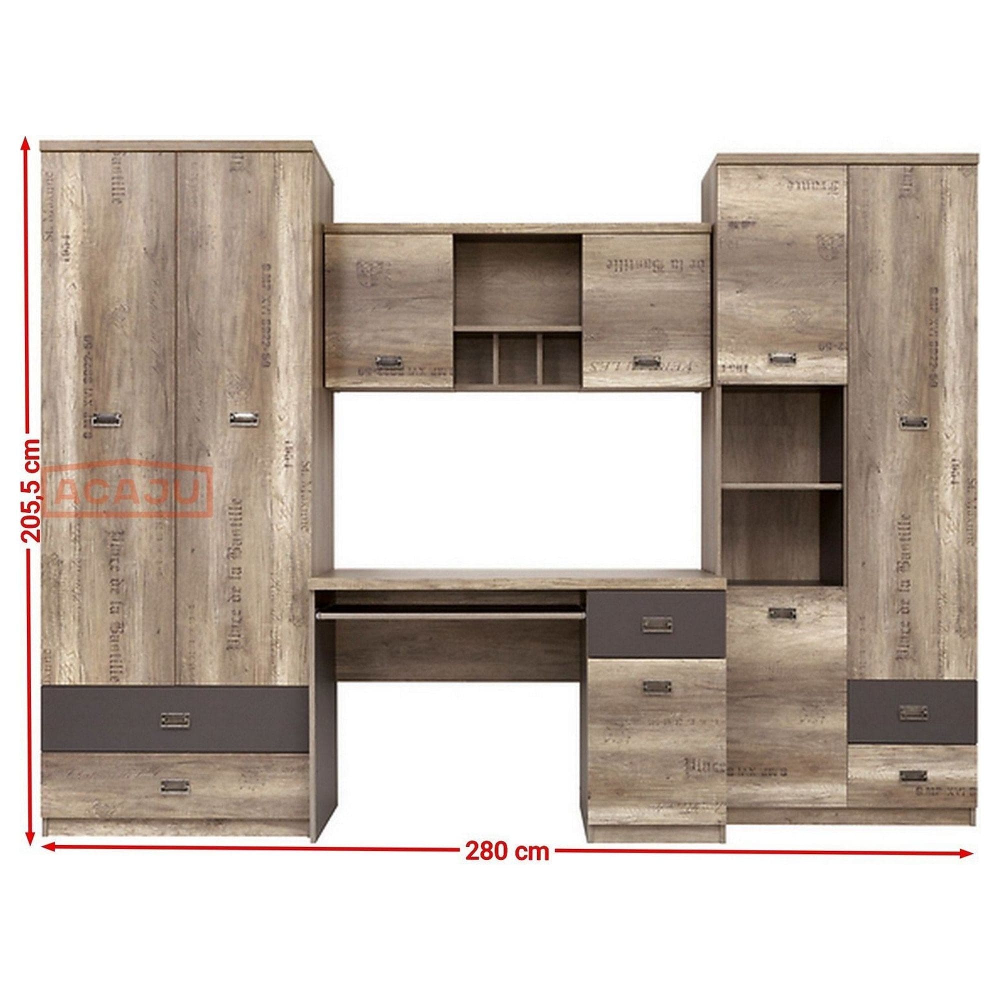 Set birou MALCOM, stejar canyon/gri, PAL, 280x206 cm