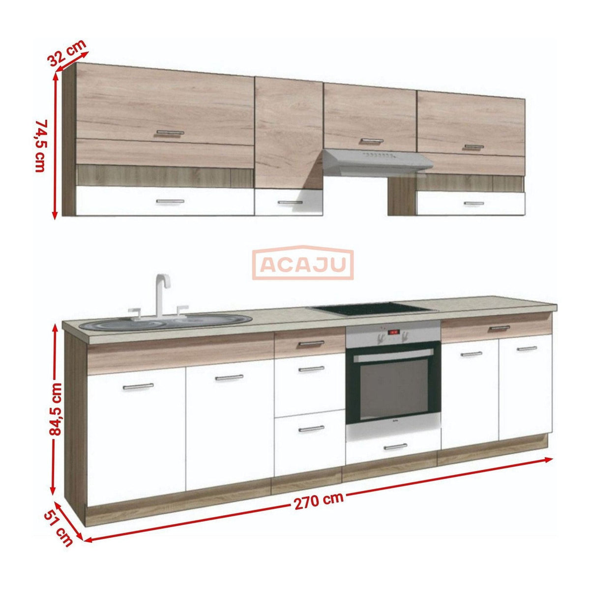 Set bucatarie ECONO A PLUS, carcasa stejar sonoma/fronturi stejar san remo si alb lucios, PAL, 270 cm, cu blatul trawertyn si plintele incluse