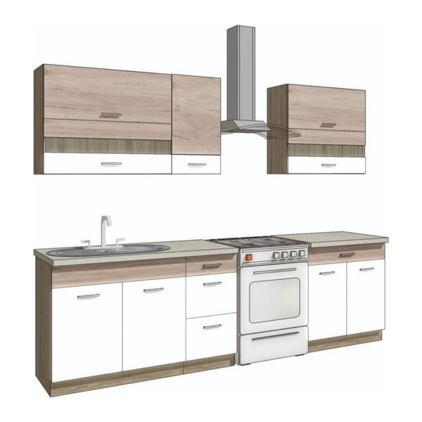 Set bucatarie ECONO B, carcasa stejar sonoma/fronturi stejar san remo si alb lucios, PAL, 270 cm, cu blatul trawertyn si plintele incluse