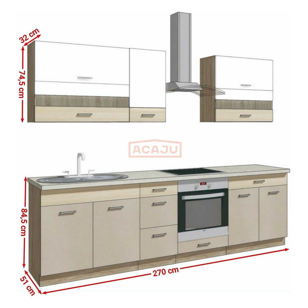 Set bucatarie PREMIO A, carcasa stejar sonoma/fronturi cappuccino si alb lucios, PAL, 270 cm, cu blatul trawertyn si plintele incluse
