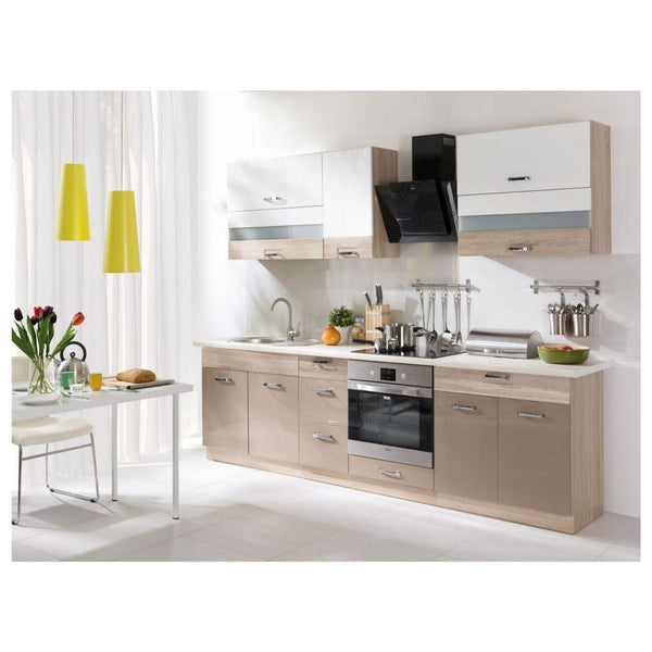 Set bucatarie PREMIO A, carcasa stejar sonoma/fronturi cappuccino si alb lucios, PAL, 270 cm, cu blatul trawertyn si plintele incluse