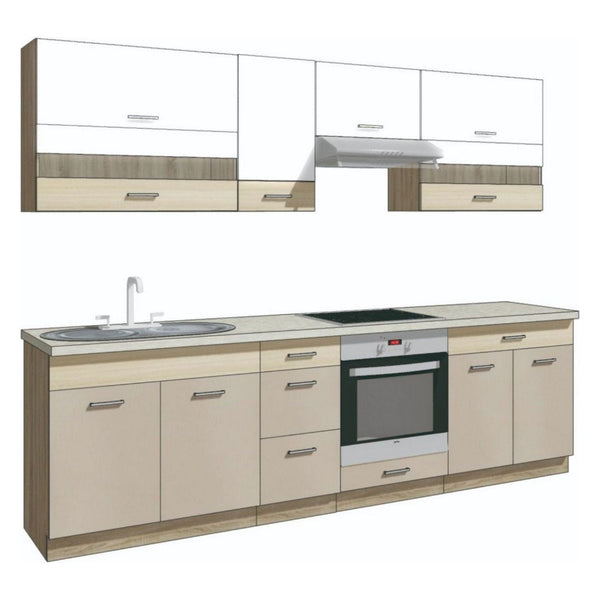Set bucatarie PREMIO A PLUS, carcasa stejar sonoma/fronturi cappuccino si alb lucios, PAL, 270 cm, cu blatul trawertyn si plintele incluse