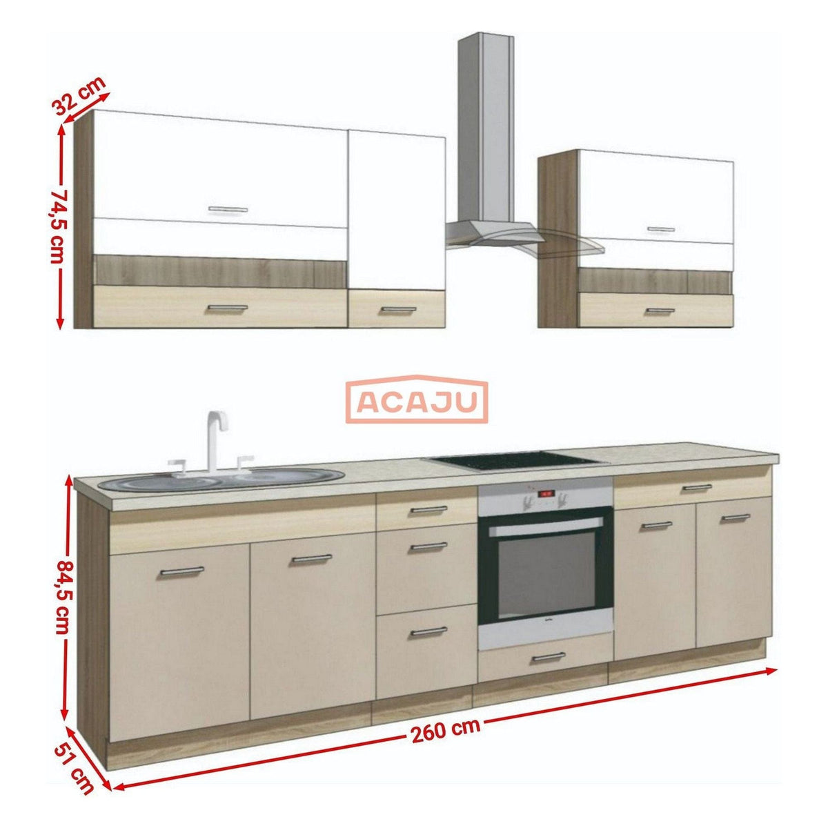 Set bucatarie PREMIO C, carcasa stejar sonoma/fronturi cappuccino si alb lucios, PAL, 260 cm, cu blatul trawertyn si plintele incluse