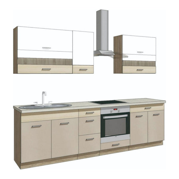 Set bucatarie PREMIO C, carcasa stejar sonoma/fronturi cappuccino si alb lucios, PAL, 260 cm, cu blatul trawertyn si plintele incluse