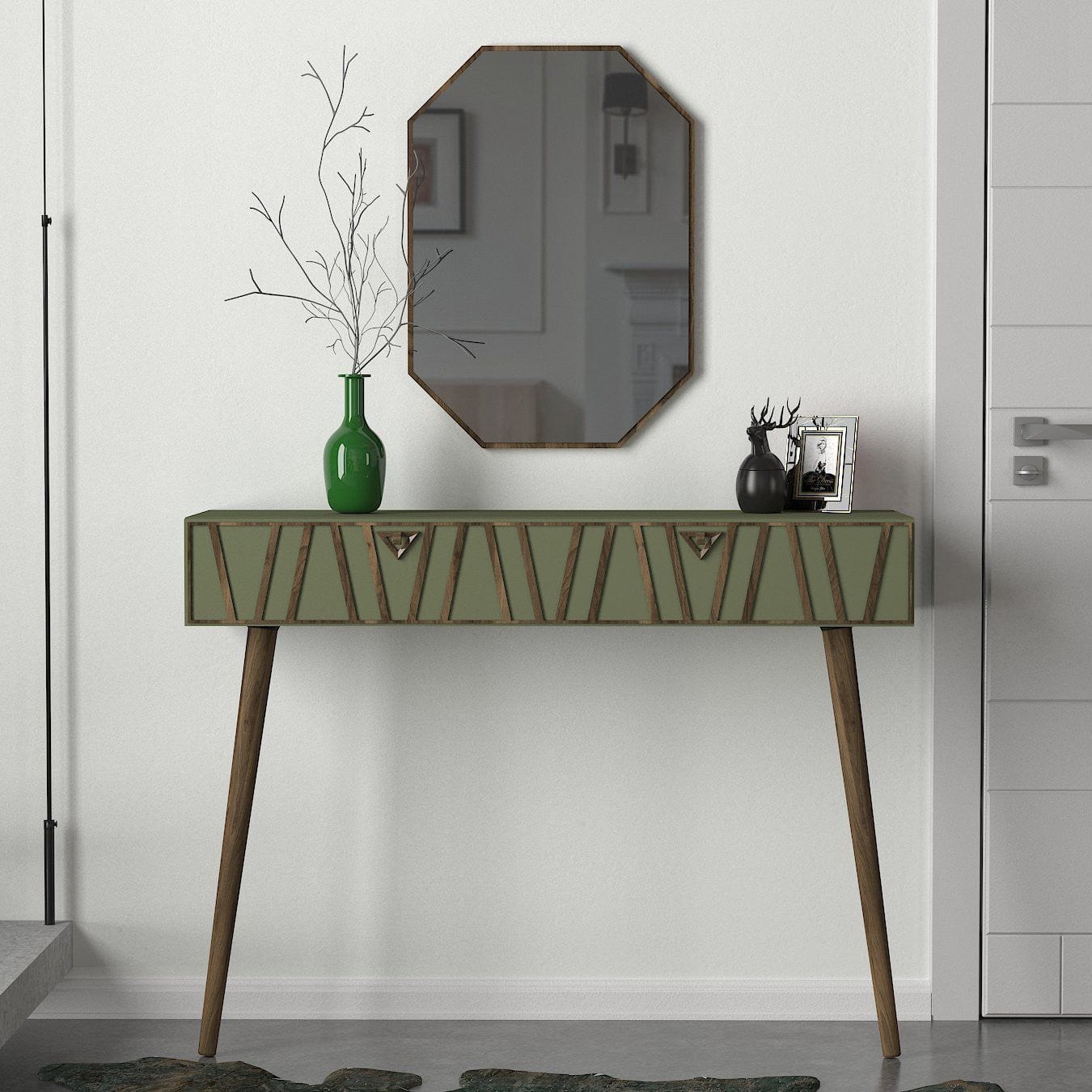 Set consola cu oglinda 804TRH3503, verde/nuc, PAL melaminat/lemn de fag
