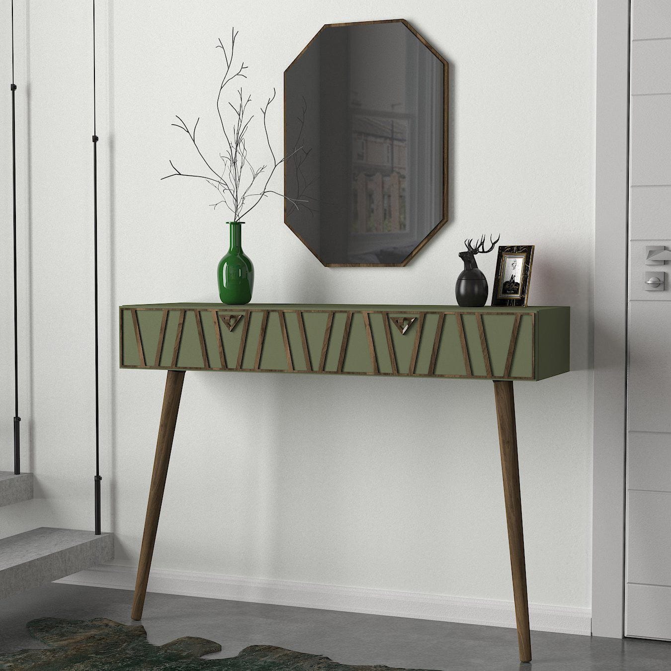 Set consola cu oglinda 804TRH3503, verde/nuc, PAL melaminat/lemn de fag