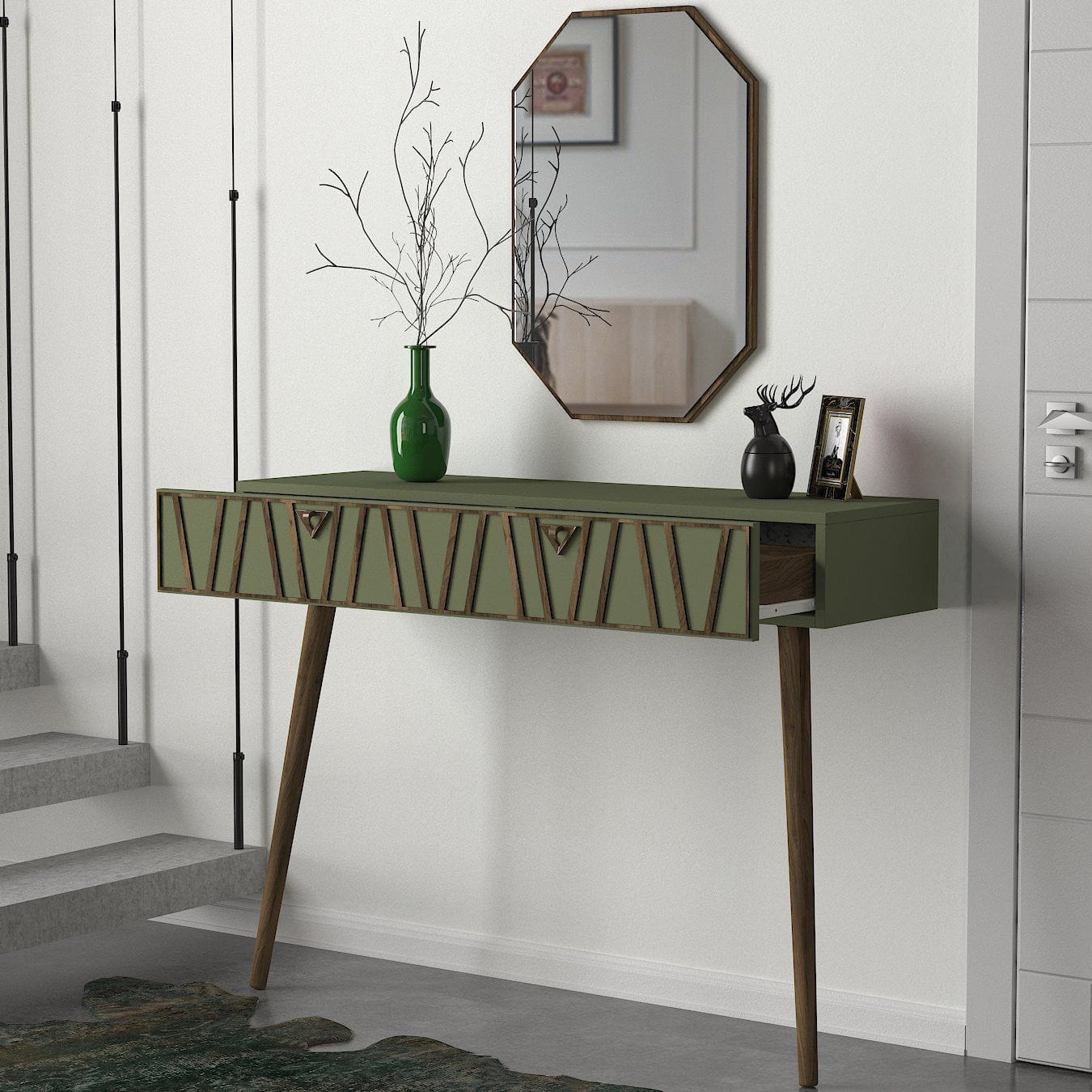 Set consola cu oglinda 804TRH3503, verde/nuc, PAL melaminat/lemn de fag