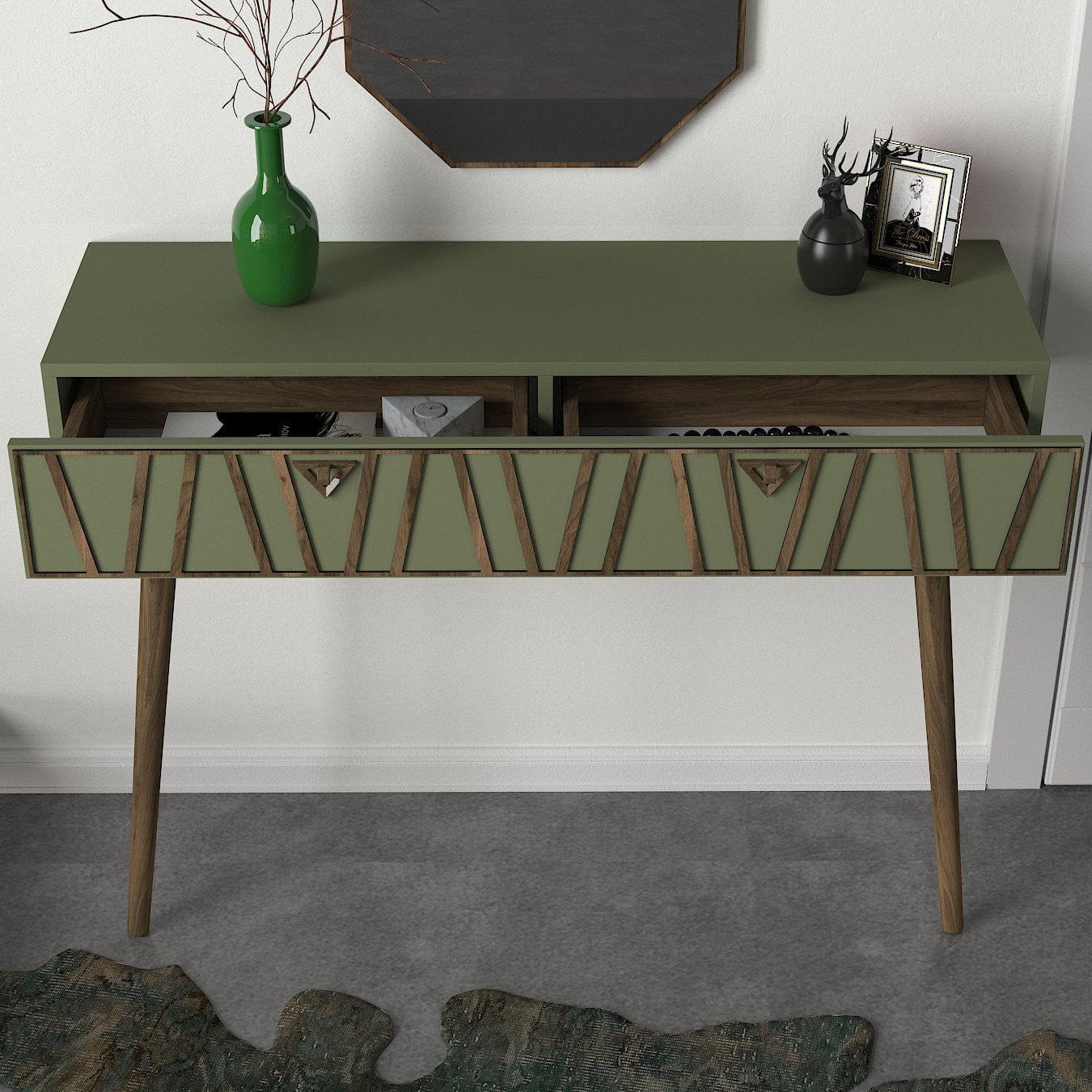 Set consola cu oglinda 804TRH3503, verde/nuc, PAL melaminat/lemn de fag