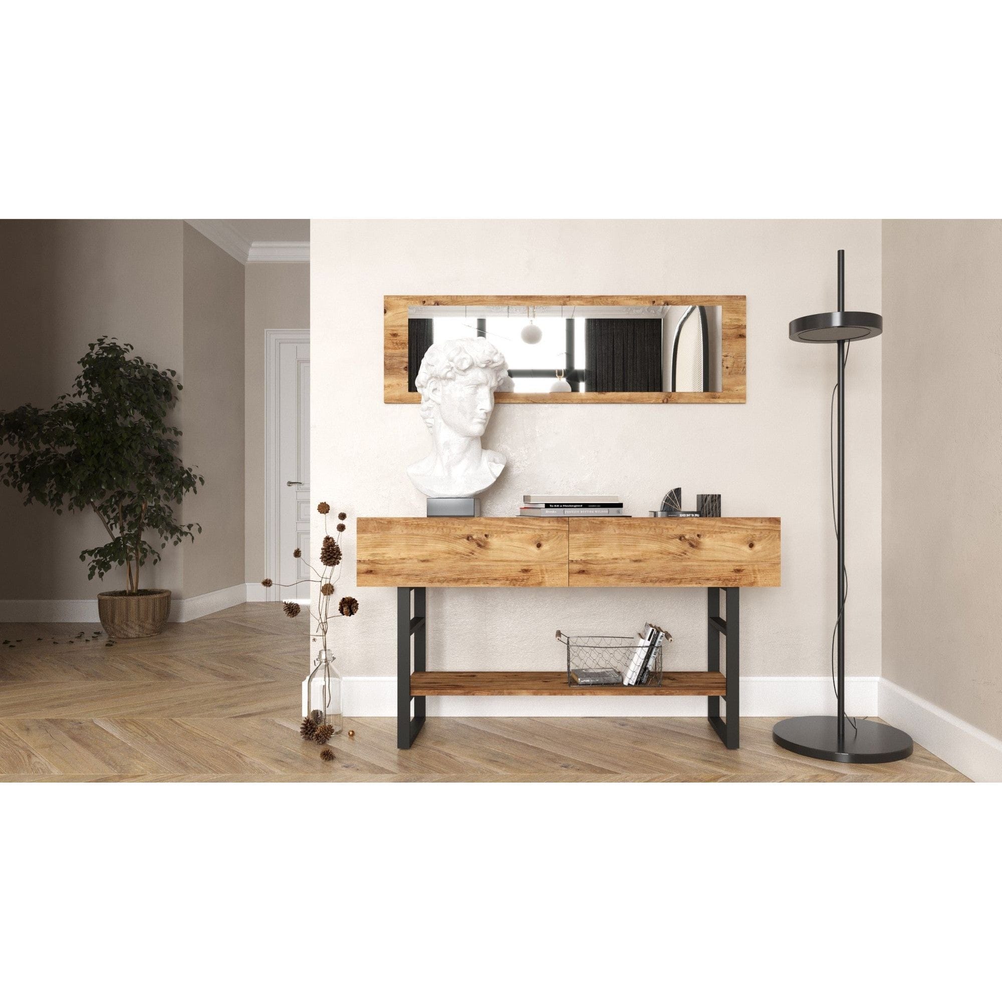 Set consola cu oglinda ML24-A, stejar/negru, PAL melaminat/metal