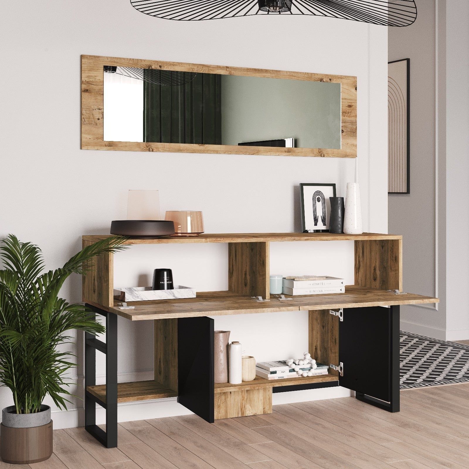 Set consola cu oglinda ML26-A, stejar/negru, PAL melaminat/metal