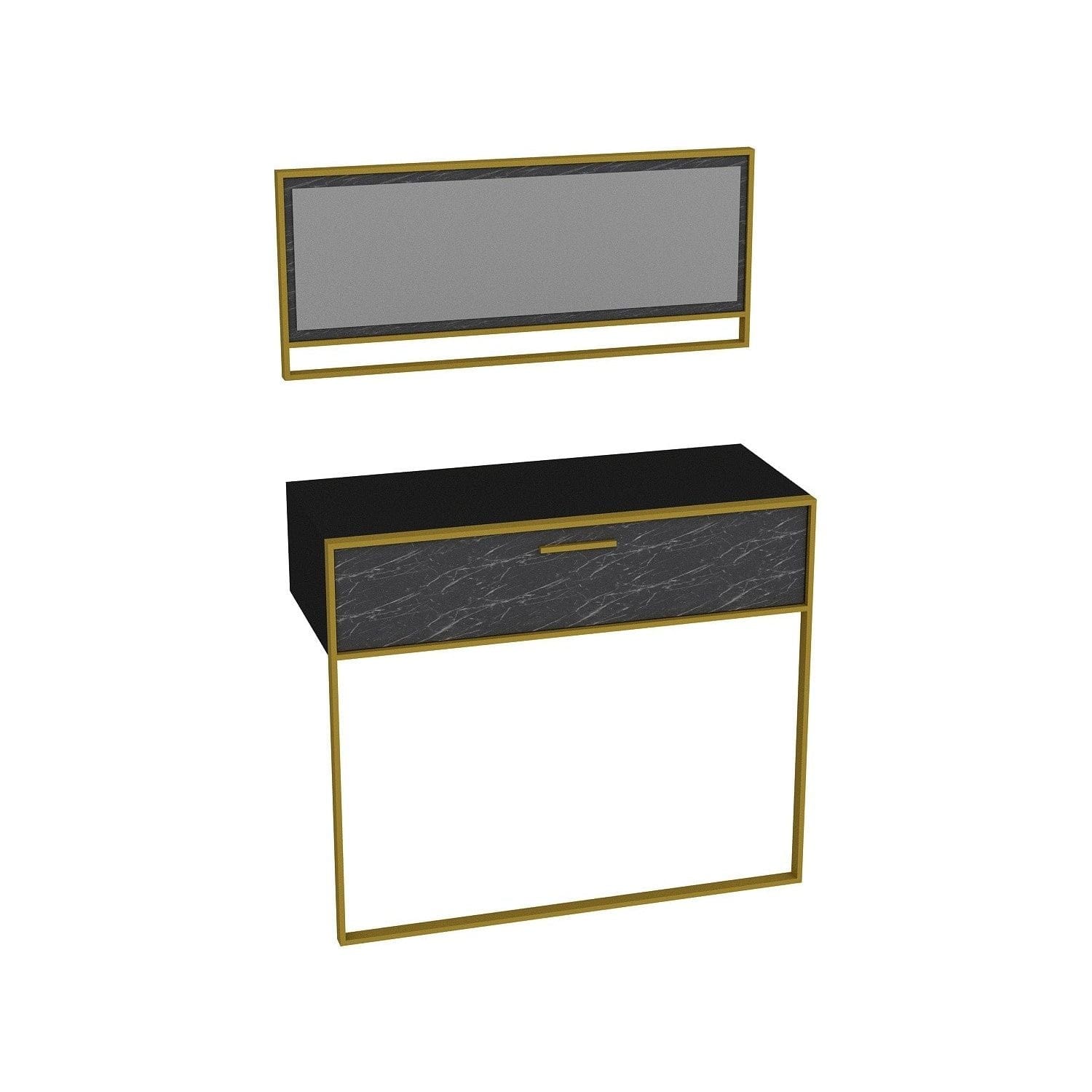 Set consola cu oglinda POLKA AYNALI, negru cu efect de marmura/auriu, PAL melaminat/metal