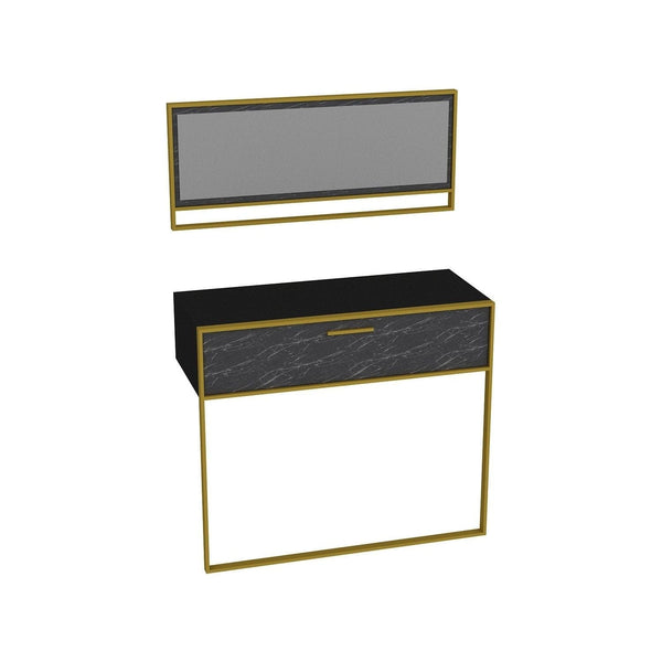 Set consola cu oglinda POLKA AYNALI, negru cu efect de marmura/auriu, PAL melaminat/metal