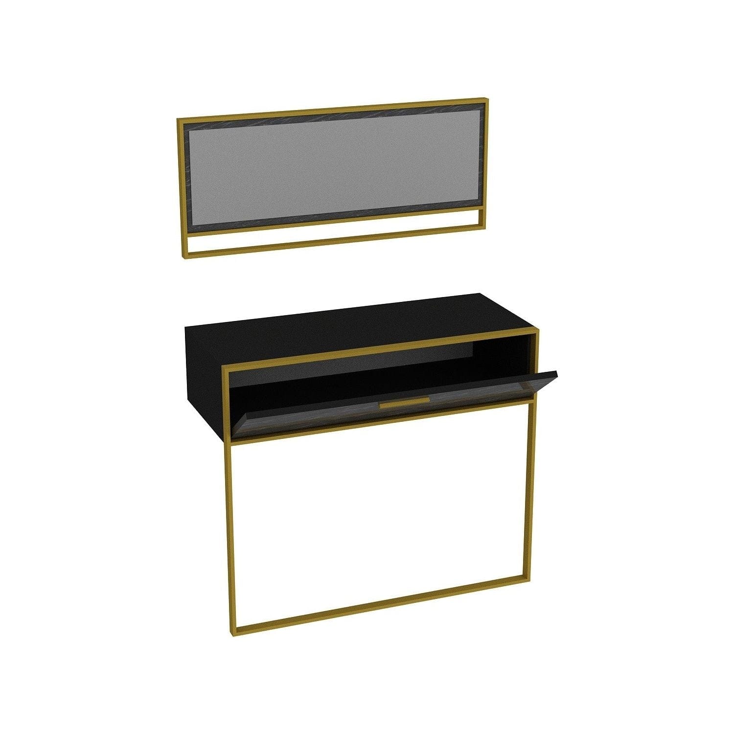 Set consola cu oglinda POLKA AYNALI, negru cu efect de marmura/auriu, PAL melaminat/metal
