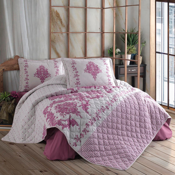 Set cuvertura matlasata pat dublu ANKA, mov deschis/alb, bumbac, 240x260 cm, cu 2 fete de perna