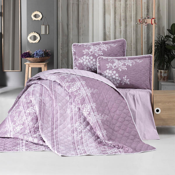 Set cuvertura matlasata pat dublu BOVA V2, mov deschis/alb, bumbac, 240x260 cm, cu 2 fete de perna