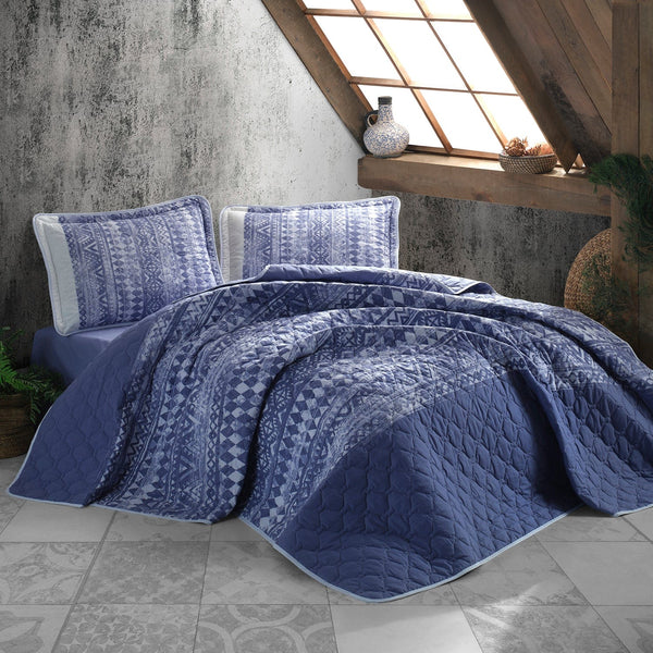 Set cuvertura matlasata pat dublu COZA V2, albastru inchis, bumbac, 240x260 cm, cu 2 fete de perna