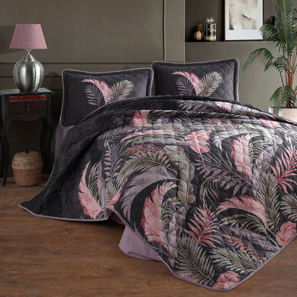 Set cuvertura matlasata pat dublu HENA, negru/lila, bumbac, 240x260 cm, cu 2 fete de perna