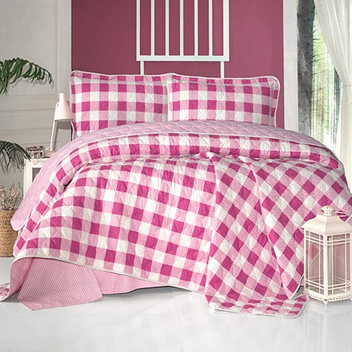 Set cuvertura matlasata pat dublu LIMA V2, roz, bumbac, 240x260 cm, cu 2 fete de perna