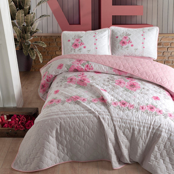 Set cuvertura matlasata pat dublu LOVERS, alb/roz, bumbac, 240x260 cm, cu 2 fete de perna