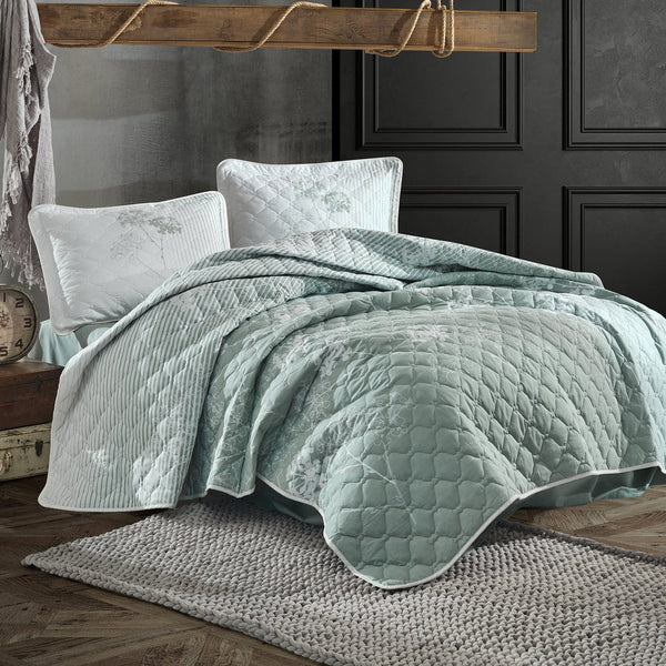 Set cuvertura matlasata pat dublu LUVI, verde menta, bumbac, 240x260 cm, cu 2 fete de perna