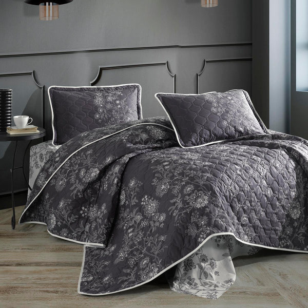 Set cuvertura matlasata pat dublu NALA V1, negru/alb, bumbac, 240x260 cm, cu 2 fete de perna