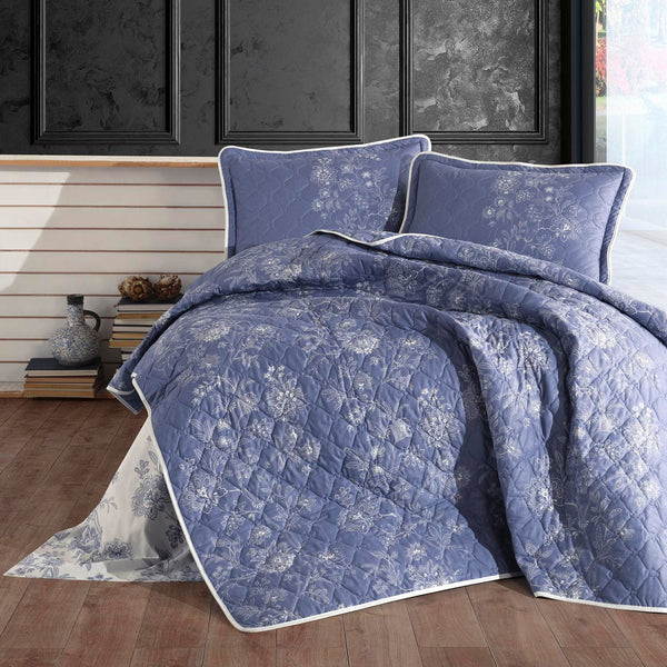Set cuvertura matlasata pat dublu NALA V2, albastru, bumbac, 240x260 cm, cu 2 fete de perna