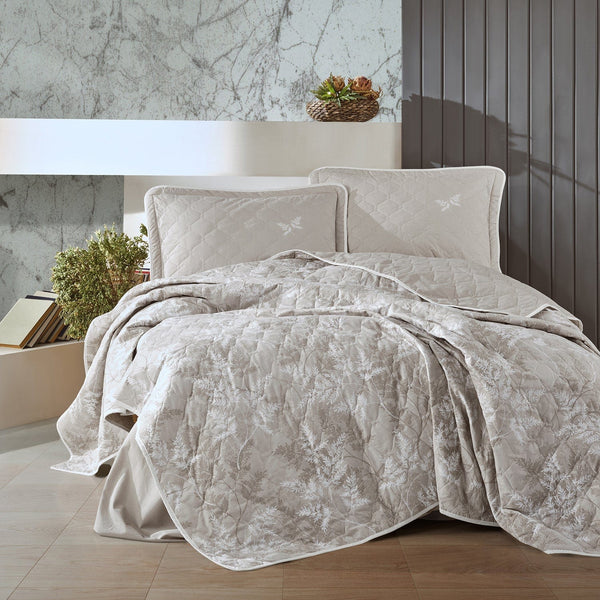 Set cuvertura matlasata pat dublu NATUR V2, crem, bumbac, 240x260 cm, cu 2 fete de perna