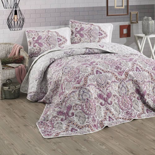 Set cuvertura matlasata pat dublu PALIZA V2, multicolor, bumbac, 240x260 cm, cu 2 fete de perna