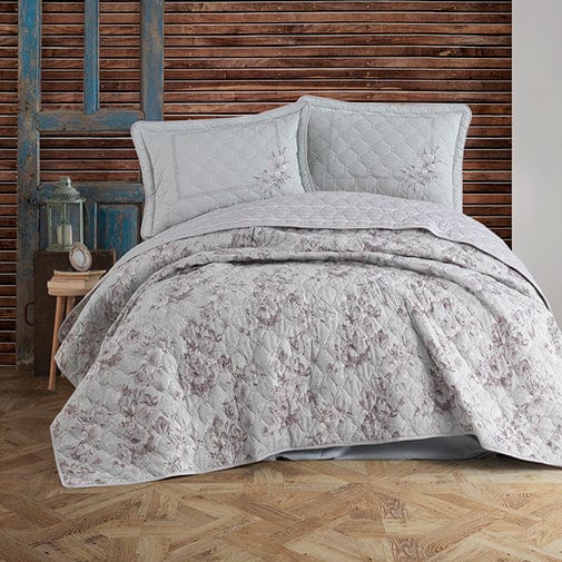 Set cuvertura matlasata pat dublu PORTO V2, gri deschis, bumbac, 240x260 cm, cu 2 fete de perna