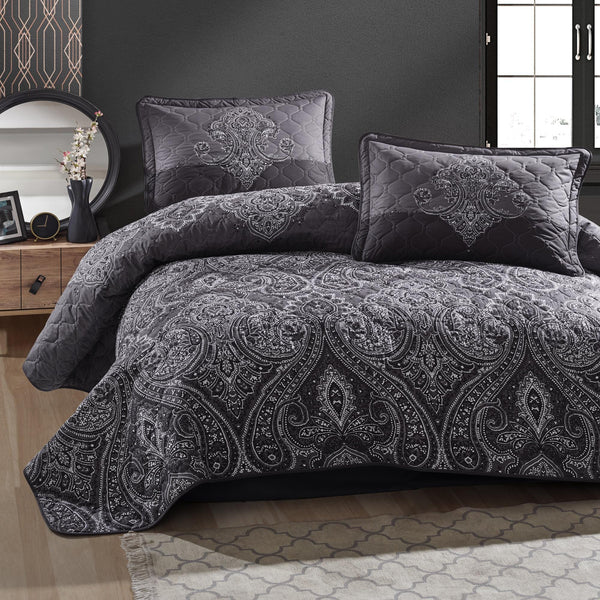 Set cuvertura matlasata pat dublu PULSE V1, negru/alb, bumbac, 240x260 cm, cu 2 fete de perna