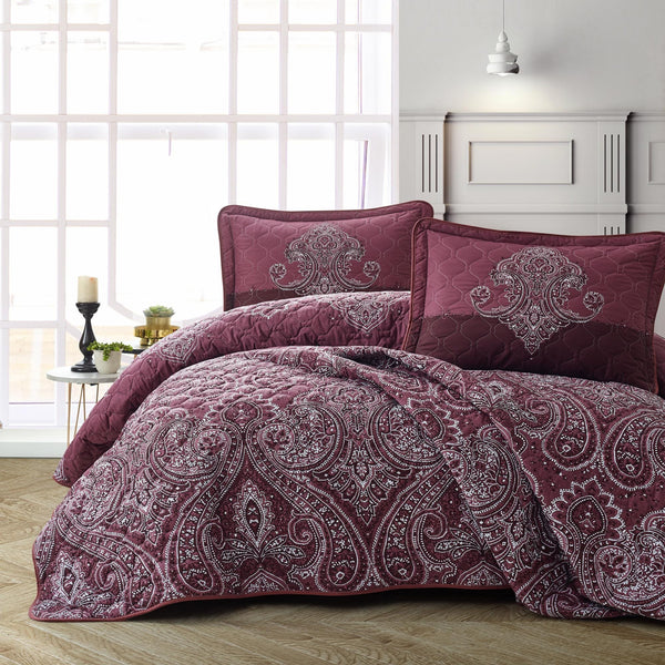 Set cuvertura matlasata pat dublu PULSE V2, visiniu/alb, bumbac, 240x260 cm, cu 2 fete de perna