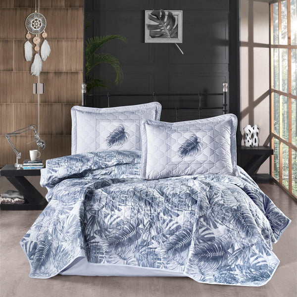 Set cuvertura matlasata pat dublu PUMA V1, albastru deschis, bumbac, 240x260 cm, cu 2 fete de perna