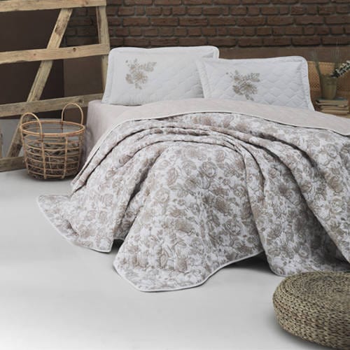 Set cuvertura matlasata pat dublu RAVEN V1, crem/bej, bumbac, 240x260 cm, cu 2 fete de perna