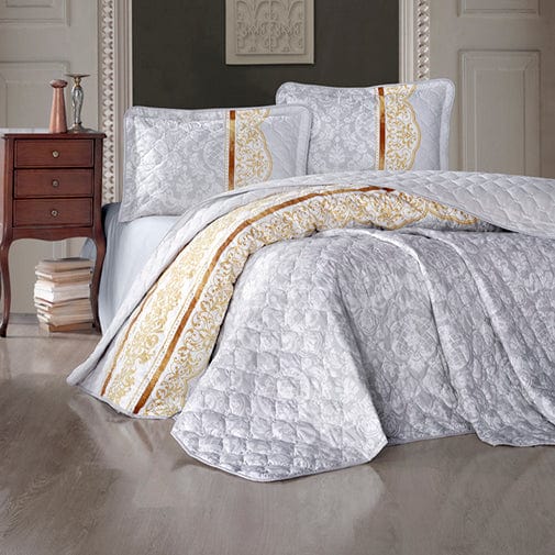 Set cuvertura matlasata pat dublu ROCO V2, albastru deschis/galben, bumbac, 240x260 cm, cu 2 fete de perna