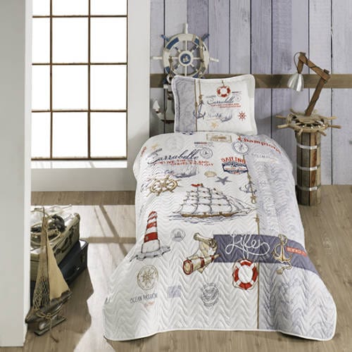 Set cuvertura matlasata pat dublu SAILIFE, alb/gri, bumbac, 240x260 cm, cu 2 fete de perna