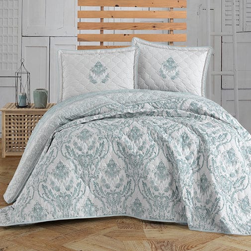 Set cuvertura matlasata pat dublu TURKA V1, alb/verde menta, bumbac, 240x260 cm, cu 2 fete de perna