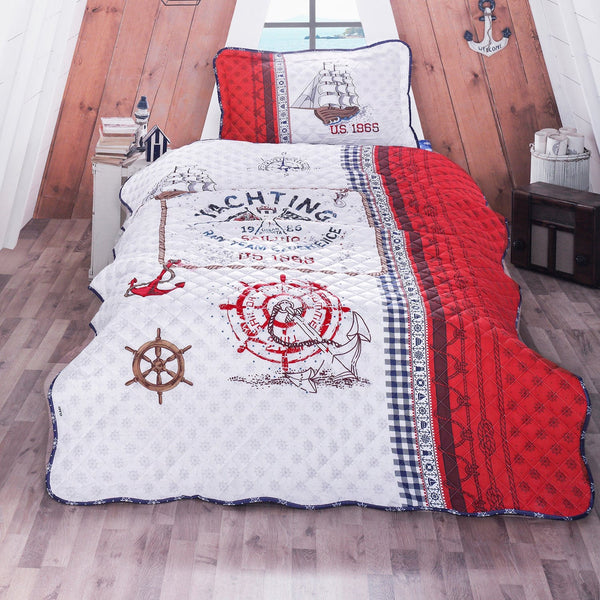 Set cuvertura pat matlasata ALESTA, alb/rosu, bumbac, 180x240, cu o fata de perna